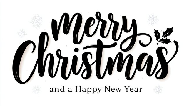 Merry Christmas calligraphy in elegant black script with holly and snowflakes