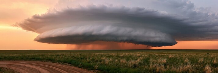 Fototapeta premium Supercell thunderstorm with a dramatic rotating storm cloud over a sunset landscape
