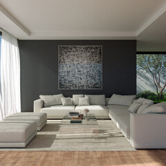 Fototapeta premium 3D render, illustration Fan Ventilation Large Luxury modern living room interior, brutalist architecture realistic lighting, Graphic Overlay wide angle, contemporary furniture, clean lines, minimal