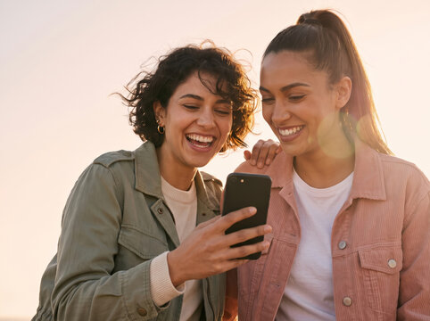 Two joyful female friends taking a smartphone selfie against a warm peach sunset sky, offering expansive copy space for lifestyle branding.