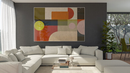 Fototapeta premium 3D render, illustration Fan Ventilation Large Luxury modern living room interior, brutalist architecture realistic lighting, Graphic Overlay wide angle, contemporary furniture, clean lines, minimal