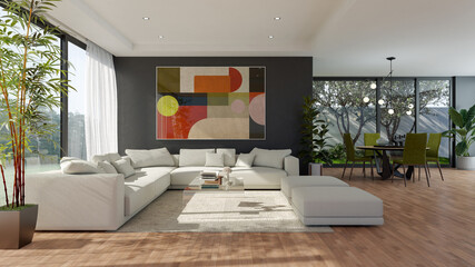 Fototapeta premium 3D render, illustration Fan Ventilation Large Luxury modern living room interior, brutalist architecture realistic lighting, Graphic Overlay wide angle, contemporary furniture, clean lines, minimal