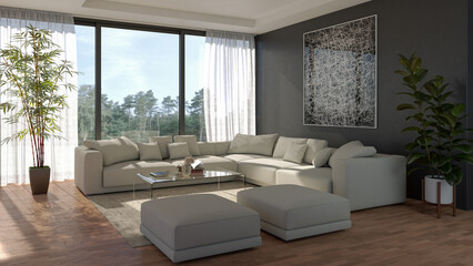 Fototapeta premium 3D render, illustration Fan Ventilation Large Luxury modern living room interior, brutalist architecture realistic lighting, Graphic Overlay wide angle, contemporary furniture, clean lines, minimal