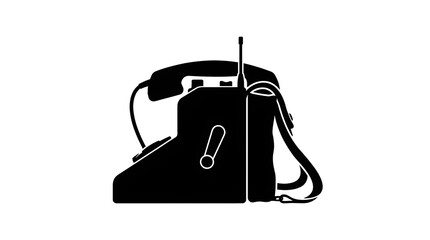 Fototapeta premium Black silhouette of a vintage military field telephone. Retro communication device vector icon isolated on white background.