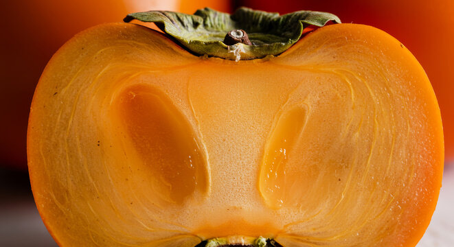 Close-up of ripe persimmon cut in half showing juicy flesh and leafy stem. Fresh seasonal fruit with sweet nutrition and healthy eating concept.