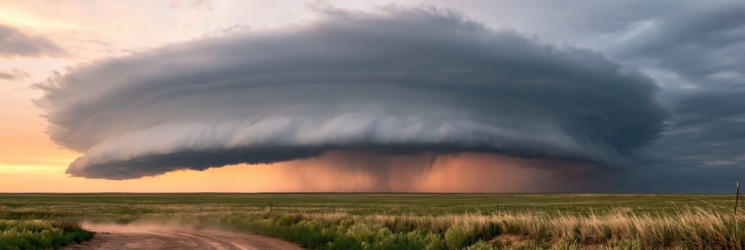 Supercell thunderstorm with a dramatic wall cloud over a nature landscape storm