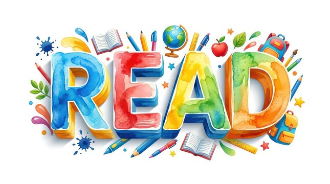 Colorful Watercolor READ Sign with School Supplies and Educational Icons
