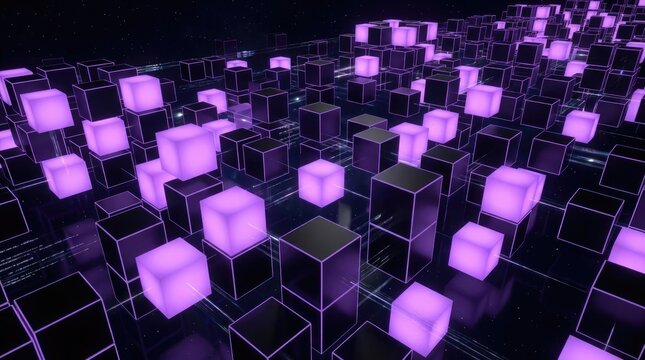 Abstract purple glowing cubes in digital city landscape