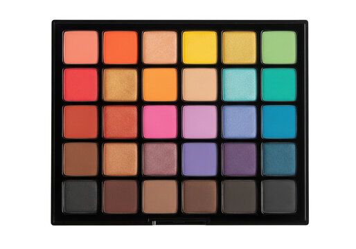 Rectangular makeup palette featuring a grid of thirty square eyeshadow pans in a diverse spectrum of matte and shimmer colors, isolated against a solid black background