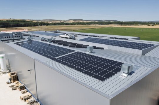 Industrial building roof displaying solar panels for renewable energy