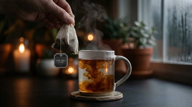 Hand dipping tea bag into steaming mug on a cozy evening.