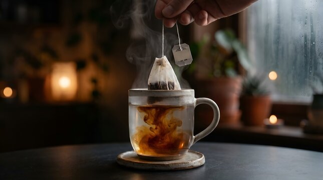 Hand dipping a tea bag into a steaming glass mug of hot tea on a dark table.