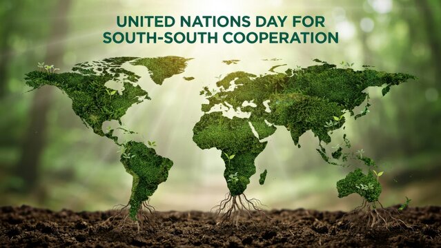 Green world map made of moss and roots for United Nations Day for South-South Cooperation