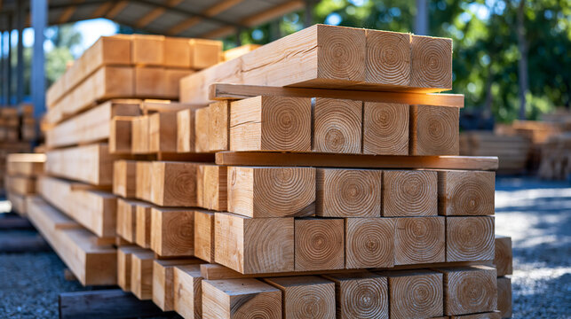 Large stacks of untreated wooden rafters and roof beams stored outdoors beneath a simple protective canopy, different lengths arranged in layers with wooden spacers between them, realistic lumber ya