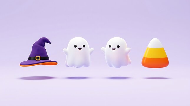 Cute 3d illustration featuring a witch hat two happy ghosts and candy corn for a fun halloween celebration