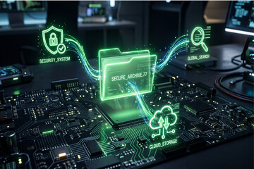 Fototapeta premium Glowing Cybersecurity Icons on Circuit Board Representing Secure Cloud Storage, Data Protection, and Digital File Access