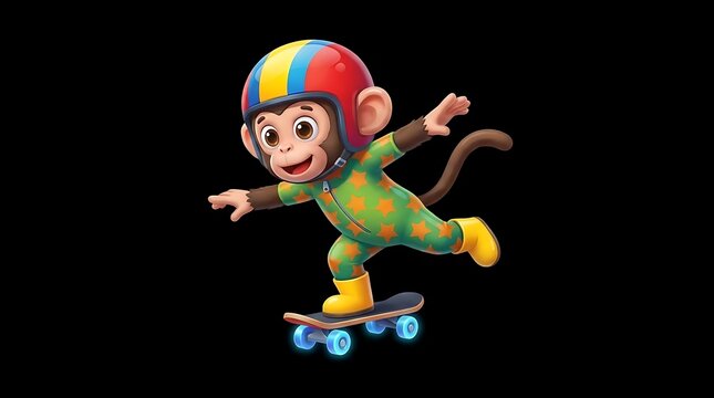 Cartoon monkey riding a skateboard wearing a safety helmet.