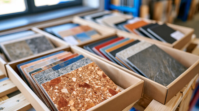 Mixed ceramic tile samples arranged in open cardboard boxes on wooden pallets, various colors, patterns, textures and sizes visible, indoor construction material storage area with natural window lig