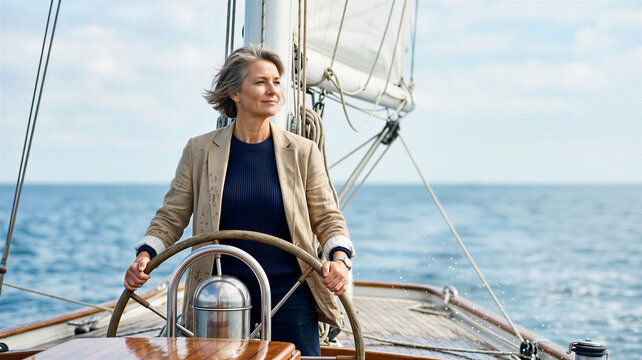Elegant mature woman steering a wooden sailboat across the deep blue Mediterranean Sea during a bright sunny afternoon breeze