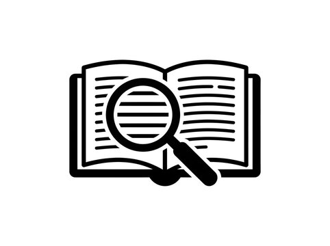Magnifying glass over an open book icon used for research study exploration information gathering and education analysis concept isolated on white