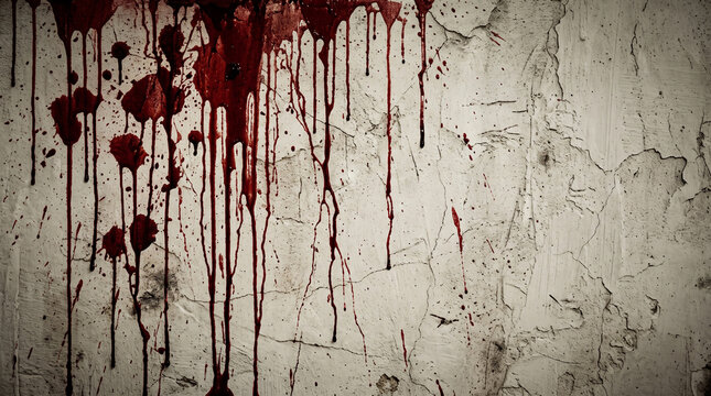 Blood splatters and drips on a textured concrete wall background