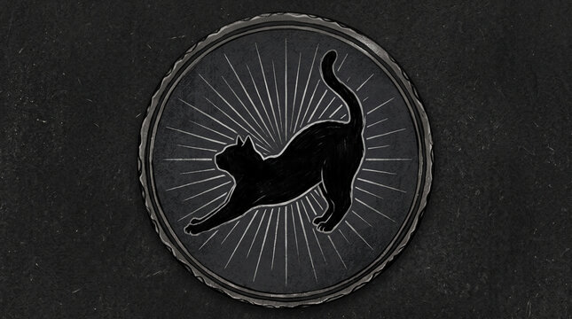Black cat stretching silhouette on a circular dark textured background with radiating light lines