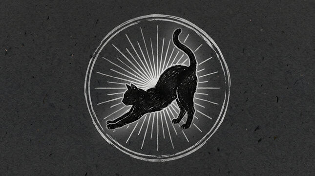 Black cat stretching in a circular frame with radiating lines, handdrawn style illustration