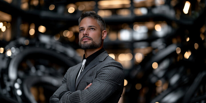 futuristic businessman standing in a vast domed atrium, elegant businessman in a futuristic architectural interior, corporate executive in a dramatic modern atrium standing pose