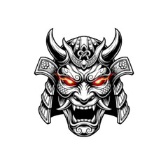 Fototapeta premium Japanese Samurai Oni Mask with Glowing Eyes Halftone Art on Transparent Background. Retro Pop Art Oni Mask with Glowing Eyes Illustration on Transparent Background.