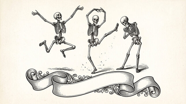 Vintage engraving illustration of three dancing skeletons with a decorative scroll banner