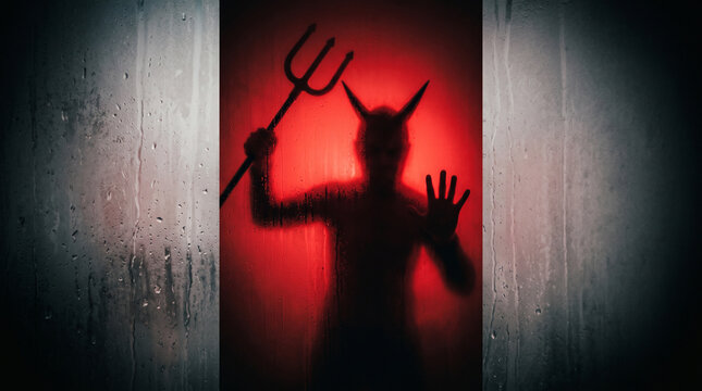Silhouette of a devil with horns and a trident behind a frosted glass door in red light