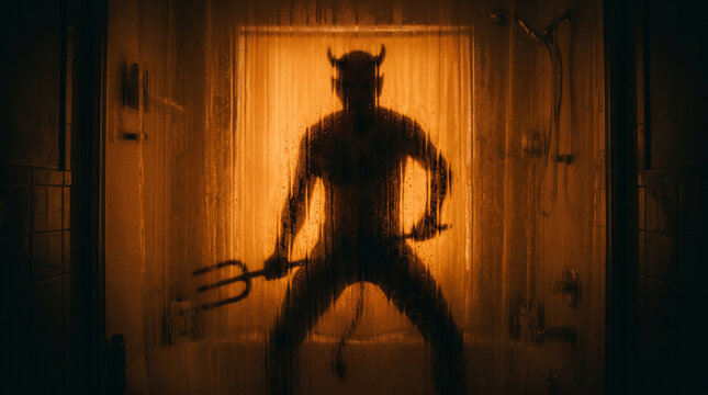 Silhouette of a horned devil figure holding a trident behind a wet shower curtain in a dark bathroom
