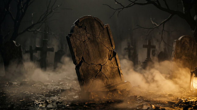 Cracked tombstone in a dark, foggy graveyard at night with a glowing lantern