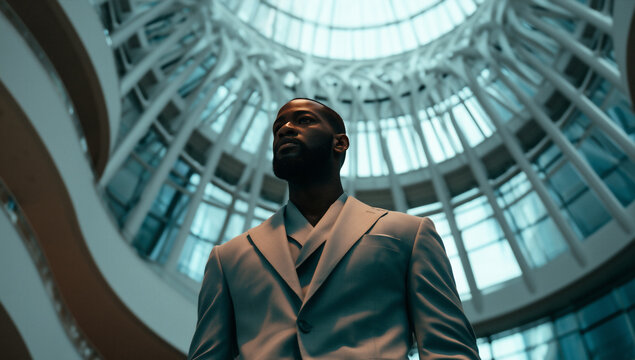 futuristic businessman standing in a vast domed atrium, elegant businessman in a futuristic architectural interior, corporate executive in a dramatic modern atrium standing pose
