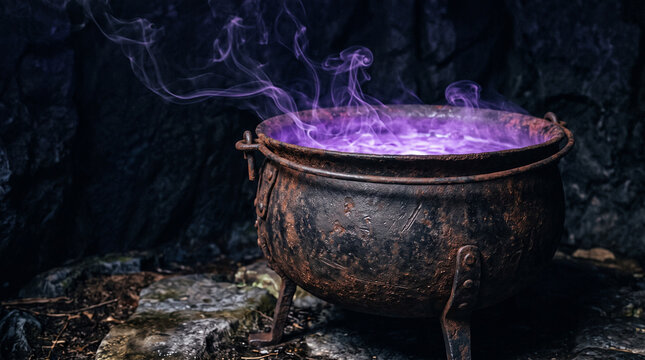 Old rusty witch cauldron with purple magical smoke in a dark cave