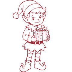Cute Christmas elf boy wearing a festive hat and pointed shoes while holding a wrapped gift box with a bow. Hand-drawn holiday character isolated on transparent background, PNG format.