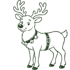 Cute Christmas reindeer with large antlers, festive bells and harness, drawn in a simple hand-drawn outline style. Holiday deer character isolated as a PNG illustratio © Svetlana