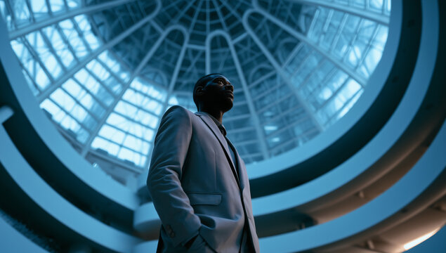 futuristic businessman standing in a vast domed atrium, elegant businessman in a futuristic architectural interior, corporate executive in a dramatic modern atrium standing pose