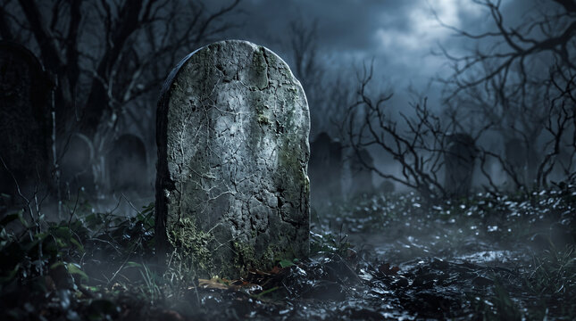 Old weathered tombstone in a dark, misty, and eerie graveyard at night with bare trees