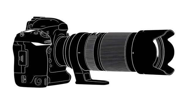 High-quality black and white vector silhouette of a professional DSLR camera with a telephoto lens. Great for photography, media, and studio concepts.