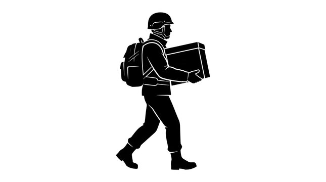 Black and white vector silhouette of a male worker or soldier wearing a helmet and backpack, carrying a large cardboard box. Ideal for logistics themes.