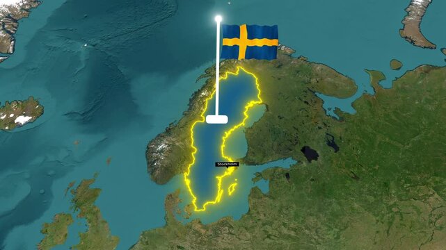 Sweden Map Zoom with Swedish Flag Pin and Stockholm Label