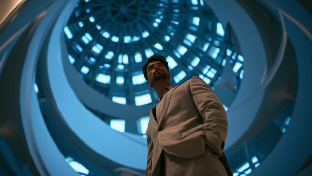 futuristic businessman standing in a vast domed atrium, elegant businessman in a futuristic architectural interior, corporate executive in a dramatic modern atrium standing pose