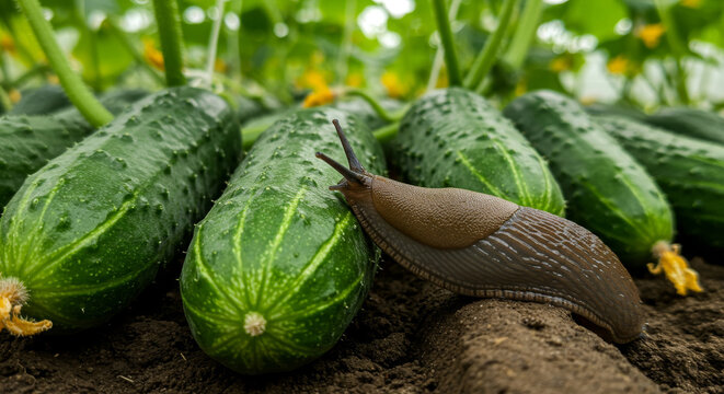 Brown slug crawling across cucumber fruit in a vegetable garden. Organic gardening, pest control, agriculture, crop protection, and natural ecosystem concept.