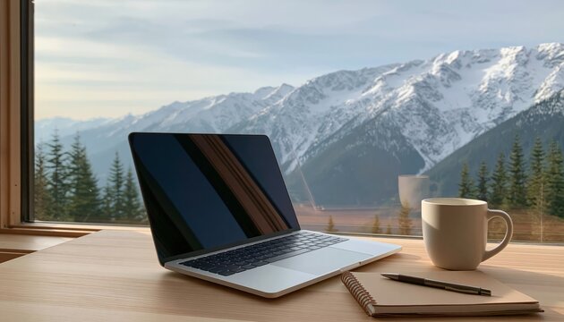 Laptop and computer on a wooden desk with coffee mug and mountain view workspace