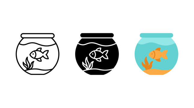 Set of fish bowl icons with goldfish aquatic plant water line art glyph and flat vector, aquarium