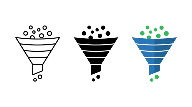 Set of funnel icons in outline, solid, and flat design styles for business data marketing process