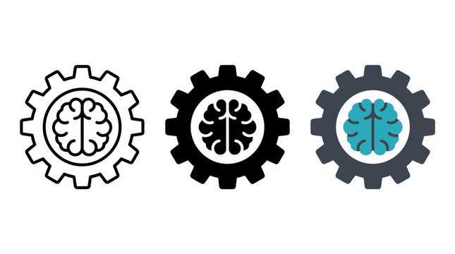 Gear and human brain icon set in outline, solid, and flat styles representing cognitive process