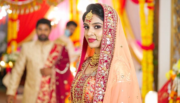 Elegant Indian Woman in Traditional Dress at a Festive Wedding Celebration