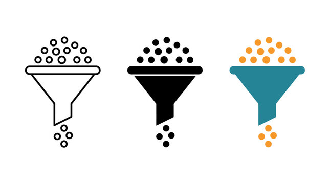 Sales funnel conversion icon set featuring filtered data points in multiple graphic styles